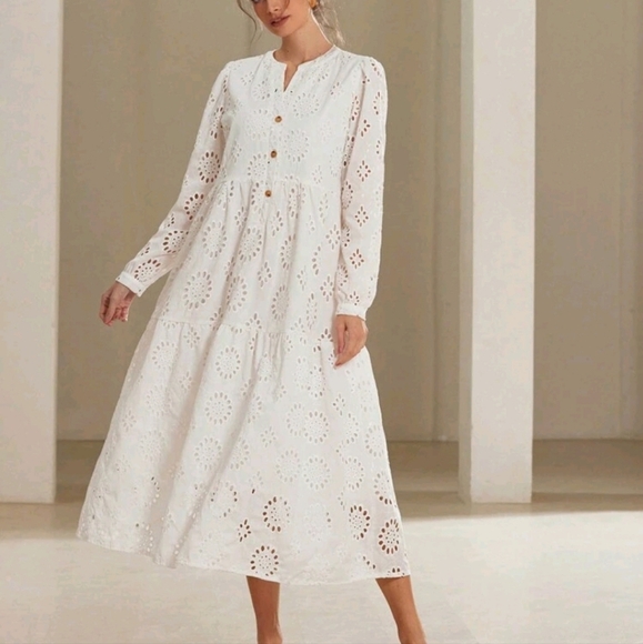 Women Button Front Long Sleeve Embroidery Midi Dress - Picture 1 of 4
